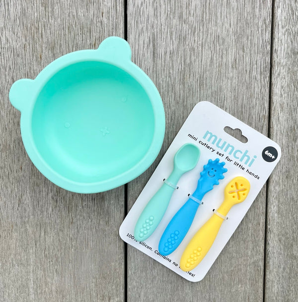 Bear Suction Bowl and Mini Cutlery Set - Mint/Blue