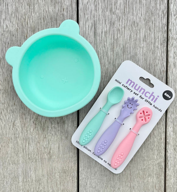 Bear Suction Bowl and Mini Cutlery Set - Mint/Purple