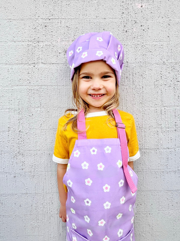 Kids flower cooking apron and chef hat