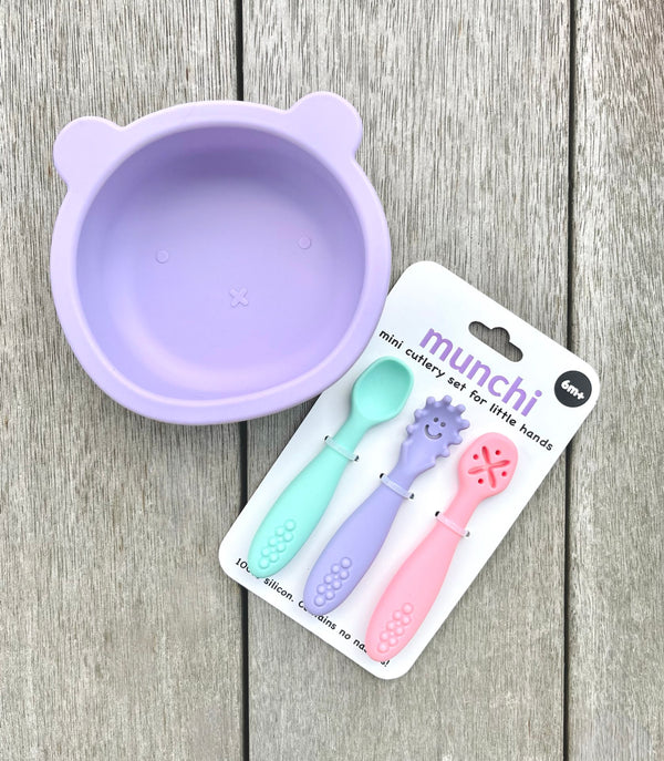 Bear Suction Bowl and Mini Cutlery Set - Purple