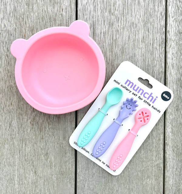 Bear Suction Bowl and Mini Cutlery Set - Pink